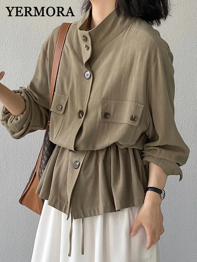 

YERMORA зеленая льняная рубашка на шнурке, пальто для женщин с воротником-стойкой и длинным рукавом, свободная новая куртка, модная весна-осень 2025