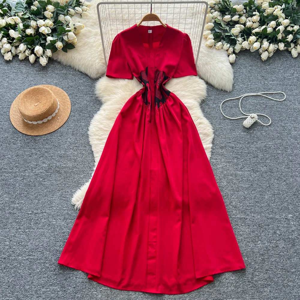Chic vintage scollo a V stampa manica corta slim Elegante fata moda coreana Boho Sundress abbigliamento donna Abito lungo