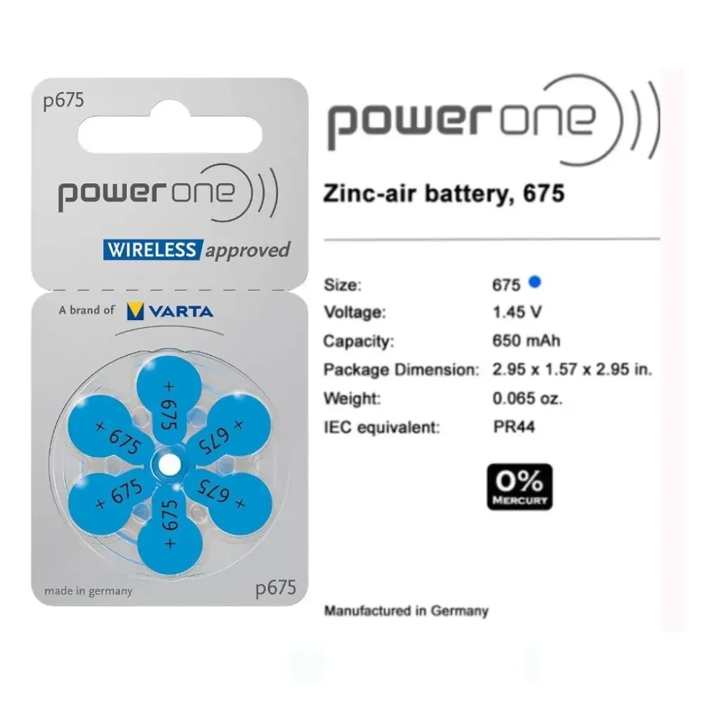 PowerOne P675 Батарея для слухового аппарата 60 шт. 675/A675 Цинковые воздушные аккумуляторы для слухового аппарата 1,45 В 675A A675 675 PR44 Батарея для глухоты