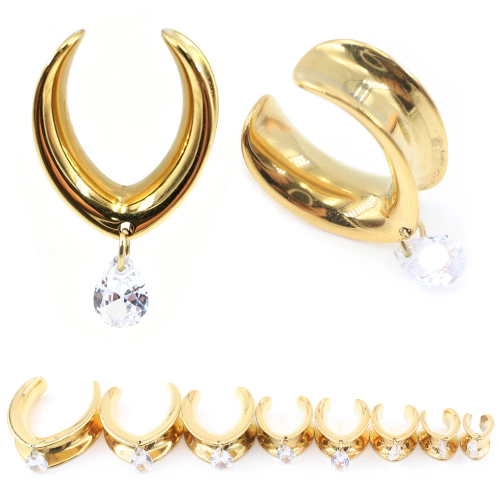 Alisouy 1PC Stainless Steel Water Drop Zircon Pendant Ear Plugs Tunnels Expander Saddle Gauges Earrings Piercing Body Jewelry
