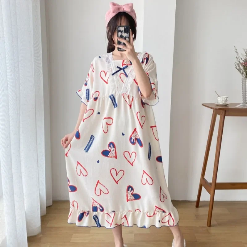 150KG 4XL Plus Size Loose Nightgown Women Summer Short Sleeves Sleepwear Home Clothes Outer Wear Korean Style Pajamas Nightdress