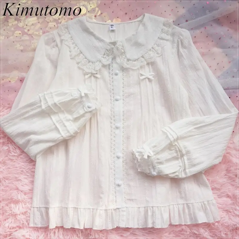 Image of Kimutomo Shirts für Damen, Lolita-Stil, Schleife, Peter-Pan-Kragen, lange Ärmel, lockere Rüschen, Patchwork-Bluse, Herbst, neue Mode für Damen