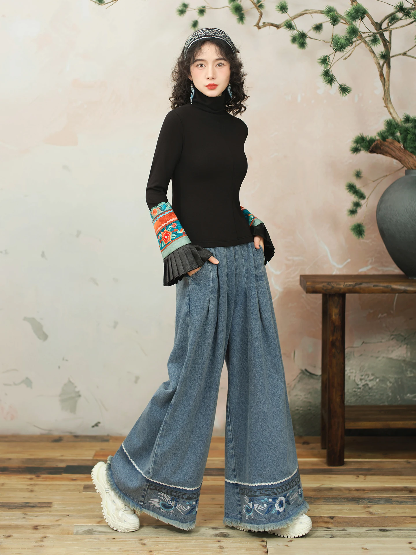 

TIYIHAILEY, широкие длинные брюки для женщин, джинсовые брюки из 100% хлопка с эластичной резинкой на талии, повседневные джинсы с кисточками, женские джинсы с вышивкой 2023 г.