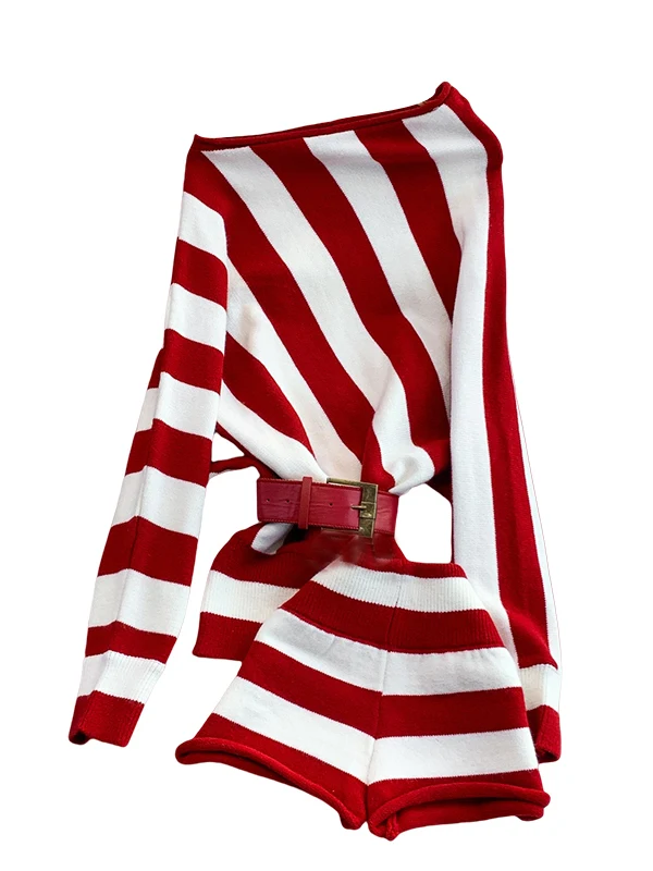 American Sle Slim Fit Top de punto a rayas y pantalones con puños conjunto de dos piezas cuello Diagonal largo cintura Sexy a