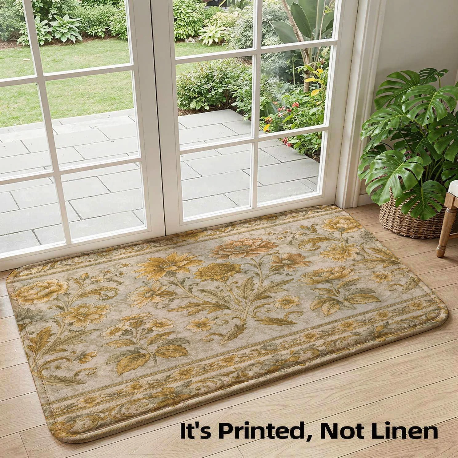 Elegant Botanical Floral Runner Rug Gold Beige Vintage Cottage Farmhouse Style Hallway Area Mat Indoor Decor