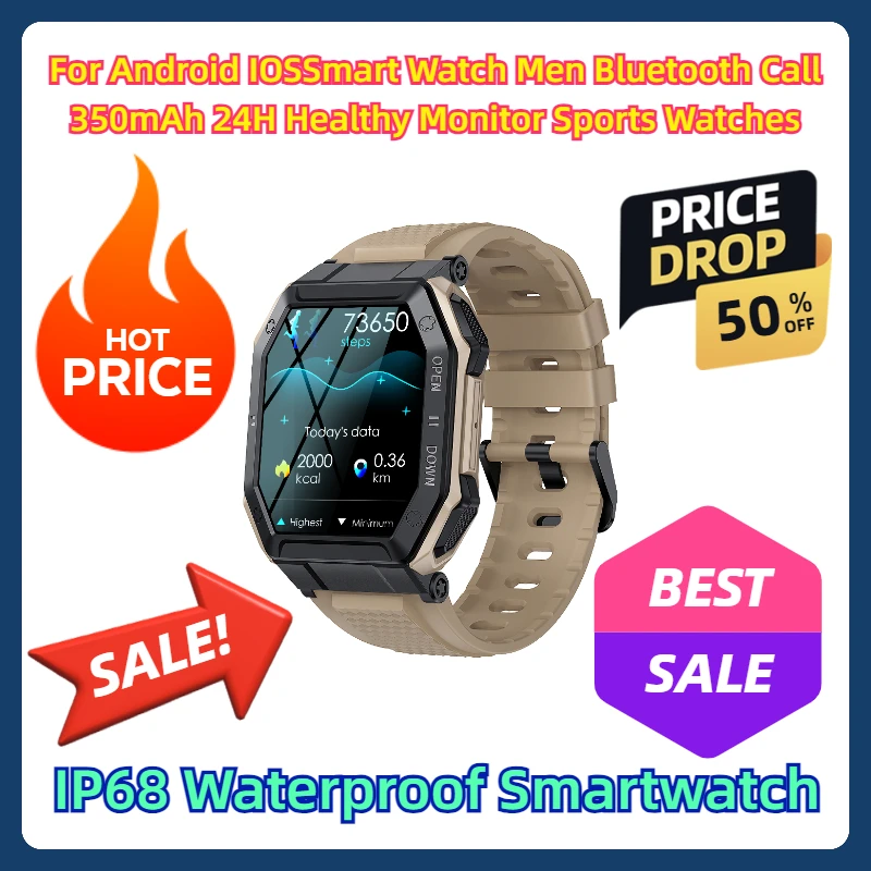 For Android IOSSmart Watch Men Bluetooth Call 350mAh 24H Healthy Monitor Sports Watches IP68 Waterproof Smartwatch