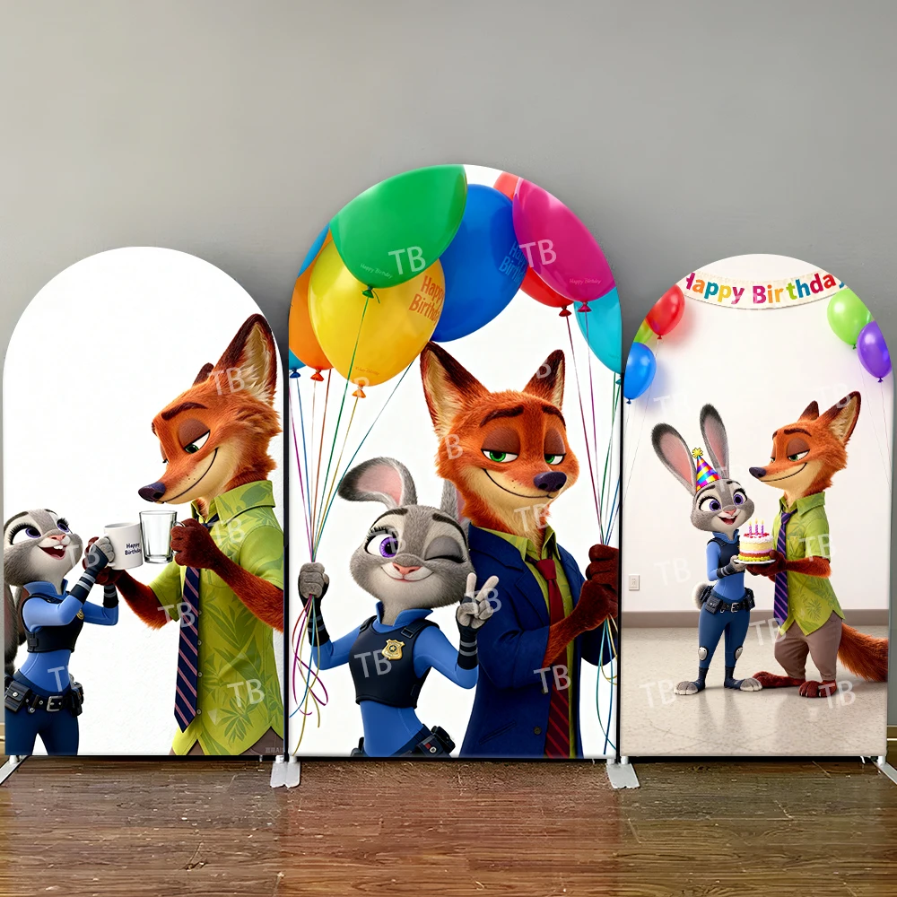 

Disney Zootopia Nick & Judy Birthday Party Arch Backdrop Cover Balloons Cake Photo Booth Prop for Kids Birthday Celebrations
