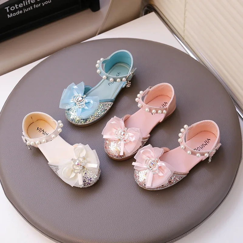 Girls Princess Shoes Shiny Sequins Kids Half Sandals Mesh Lace Bows Sweet 2025 Summer New Children Dance Shoes Party Wedding
