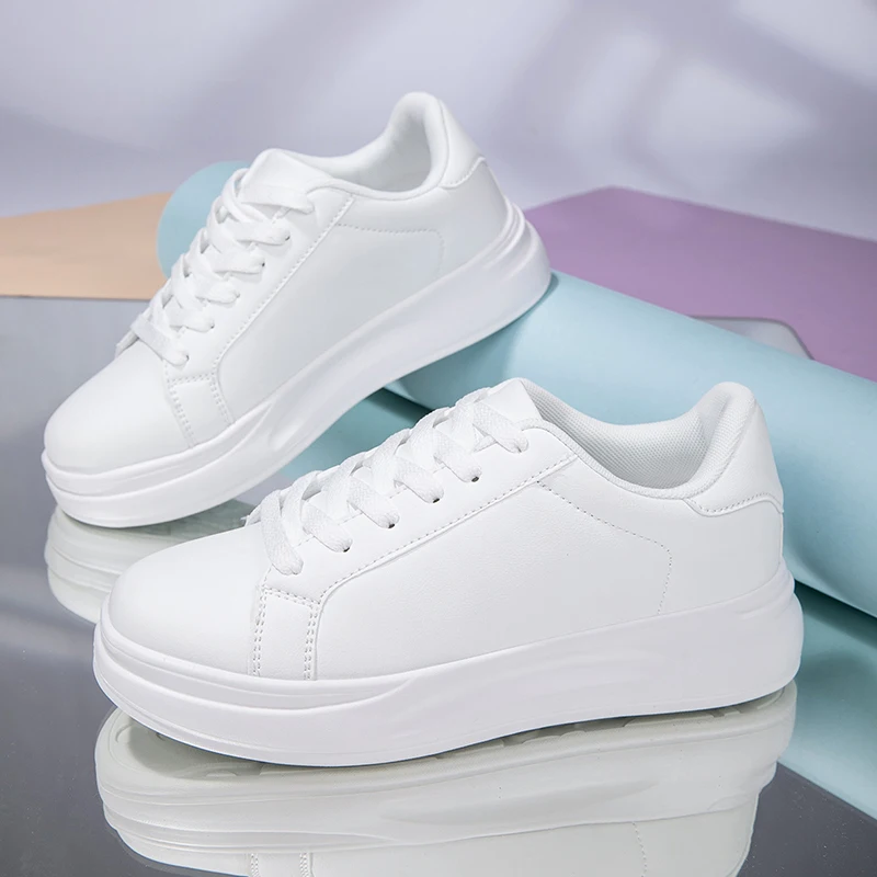 Neue Weiße Damen-Tennisschuhe mit Schnürung Modische Komfort-Sportschuhe aus PU-Leder Lässige Walkingschuhe – Detail 5