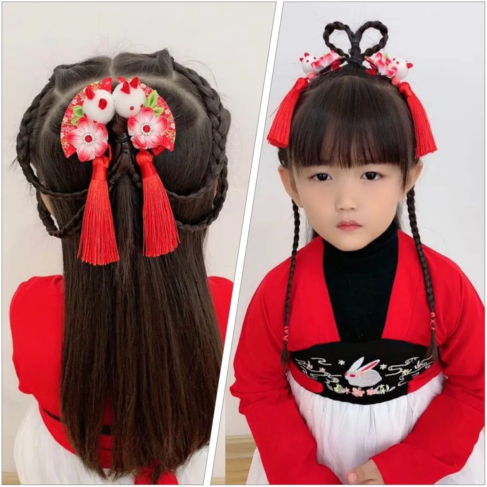

2pcs Bunny Hair Clip Vintage Style Flower Hairpin Alloy Wood Decorative Hair Accessories Dangle Tassels Comfortable Safe Daily