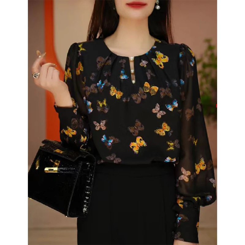 Spring Summer Floral Printing Long Sleeve Elegant Chiffon Shirt Female Casual Fashion Vintage Loose All-match Blouse Top Women