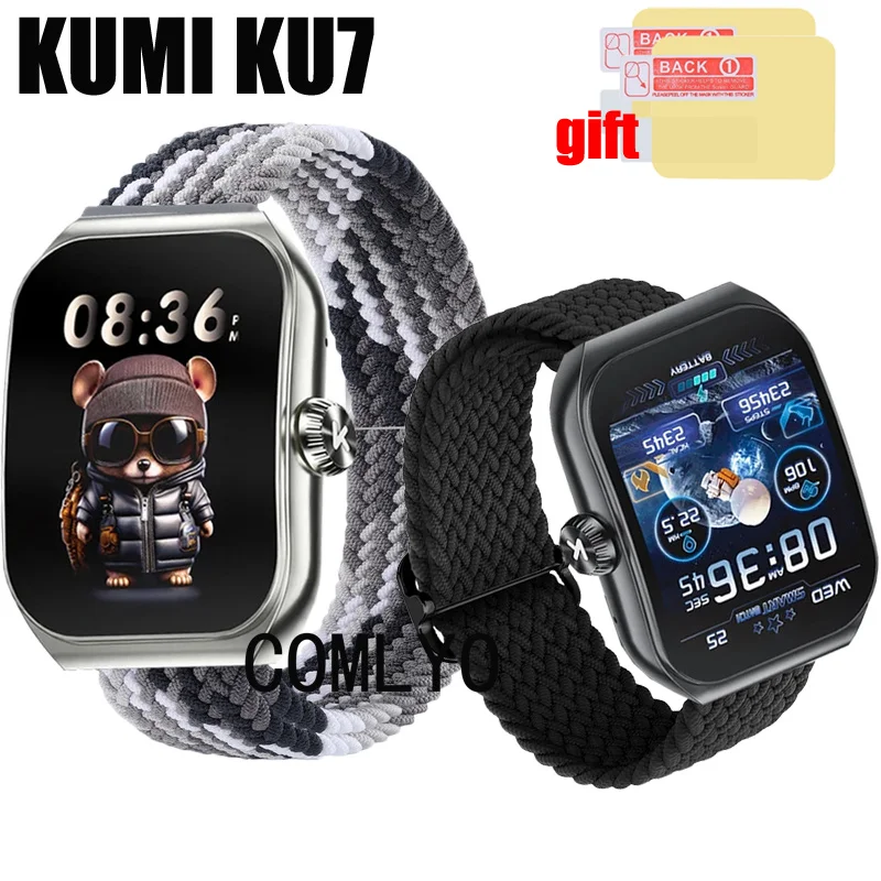 3in1 For KUMI KU7 Smart Watch Strap Women men Band Nylon Belt Adjustable Soft Wristband Screen protector film