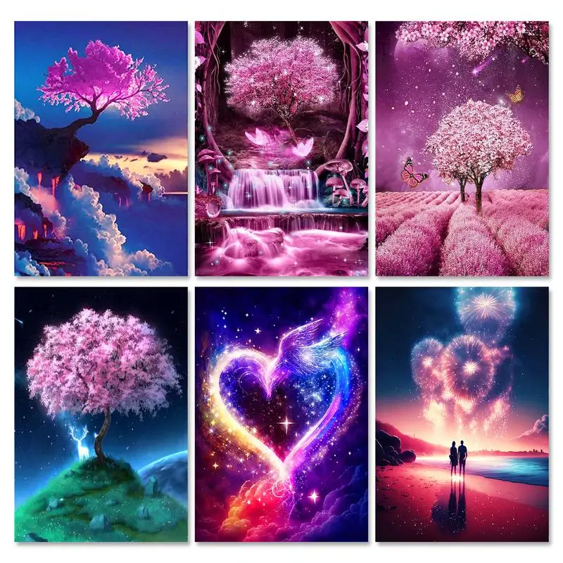 

GATYZTORY Full Round Diamond Embroidery Pink Tree Scenery Round Diamond Art Painting Handmade Mosaic Home Decoration Gift