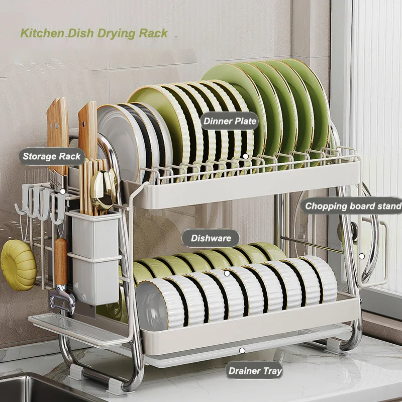 Bowls Knife Fork Pot Lid Holder Dinnerware Storage Rack Kitchen Dish Drying Rack 2/3 Tiers Kitchen Utensils Storage Rack