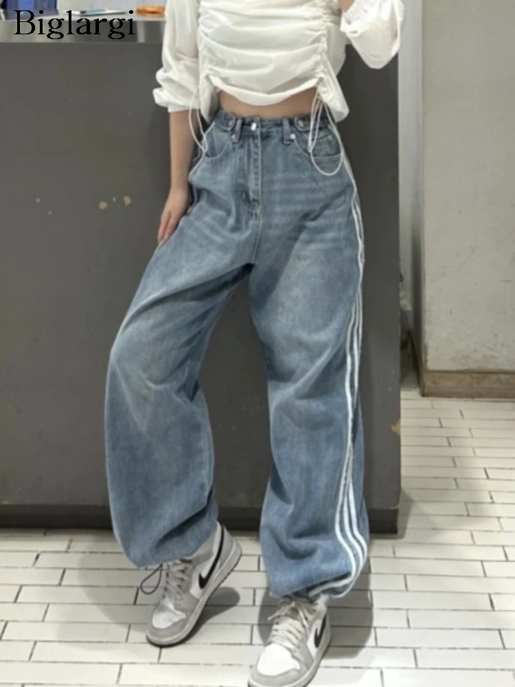 

Джинсы в полоску, в стиле пэчворк, Осенние широкие брюки, женские свободные плиссированные брюки в Корейском стиле, модные повседневные женские длинные брюки