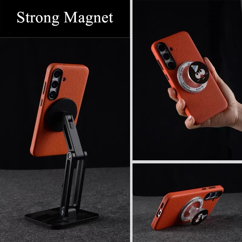 Melkco Magnetyczne etui z prawdziwej skóry do Samsung Galaxy S26 S25 Ultra Plus, luksusowe skórzane etui z metalowymi przyciskami, pełna ochrona. — zdjęcie produktu 2