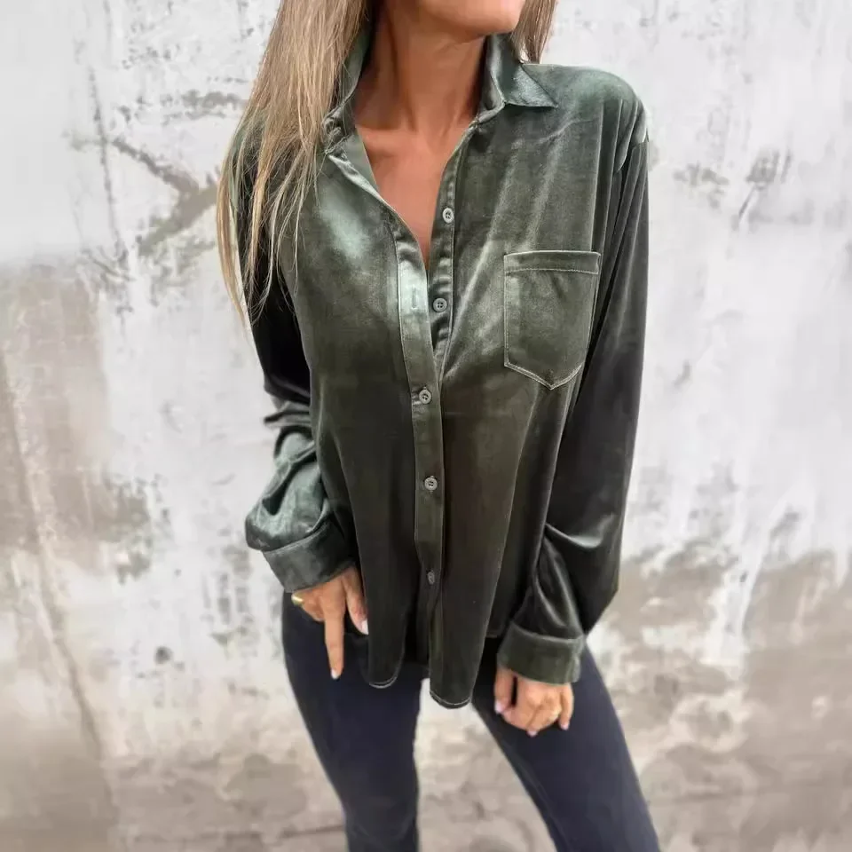 Women's Shirt Gold Velvet Solid Color Long Sleeved Lapel Single Breasted Versatile Top Loose Base Shirt 2024 Summer