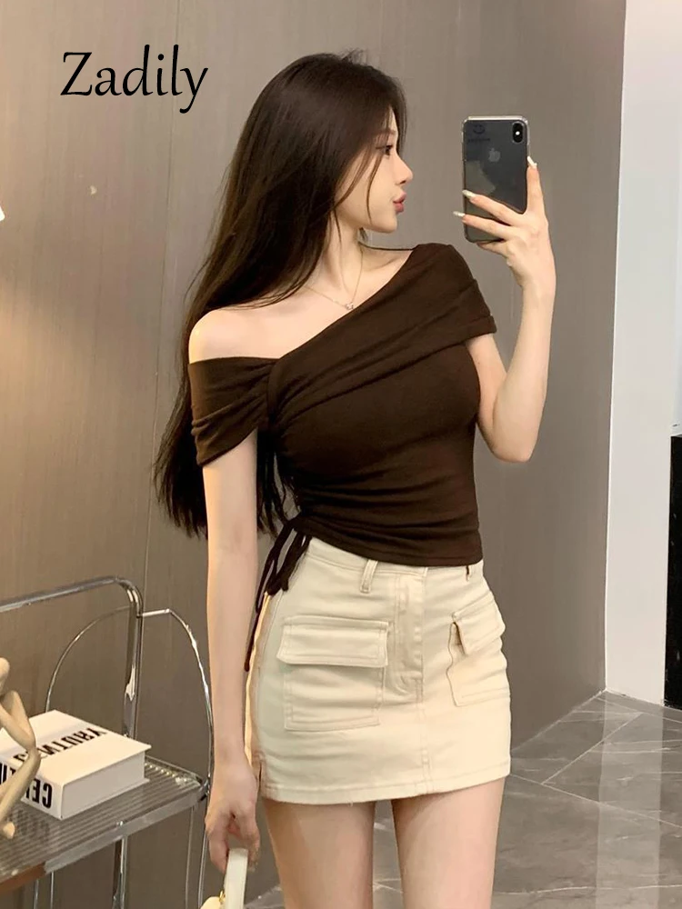 Zadily 2024 Summer Casual Short Sleeve Women T Shirt Korea Style Sexy Solid Color Slash Neck Slim Crop Tops Female Clothing