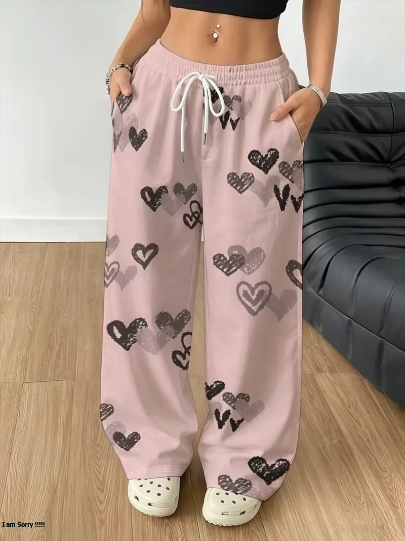 Autumn New Love Pattern Printed Pants, Women's Casual Loose Pocket Drawstring Elastic Waist Sports Pants