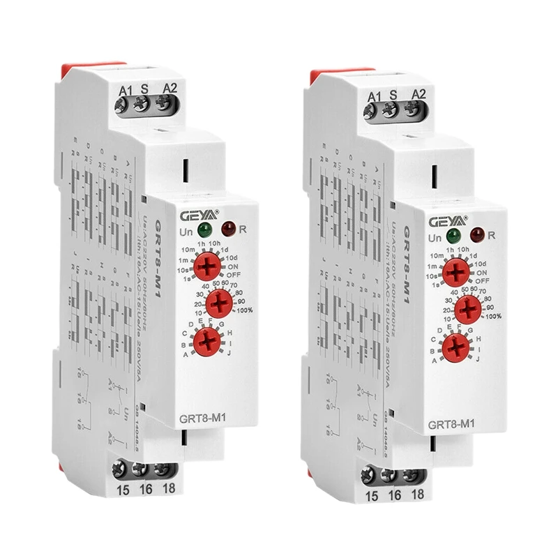 2X GEYA GRT8-M1 On Off Time Delay Relay 16A AC/DC12V-240V Multifunction Din Rail Automatic Timer Relay