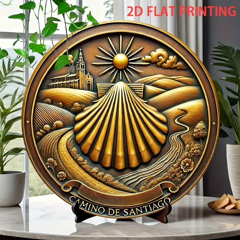 مسطح 2D، 2D مسطح 1 قطعة 20.32x20.32 سم لافتة قصدير مستديرة - مسار إسكندنافي بسيط إلى تصميم الحاج سانتياغو دي كومبسلاي -