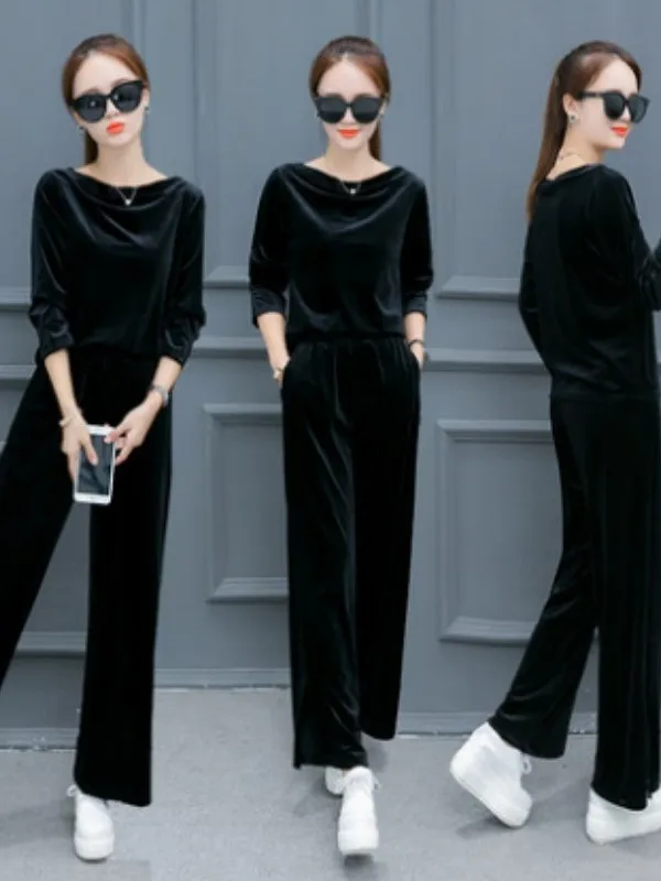 Gold Velvet Sportswear Set Women's Spring Autumn Loose Wide Leg Pants Two Piece Suite Comfortable Korean Style Commute Fashion