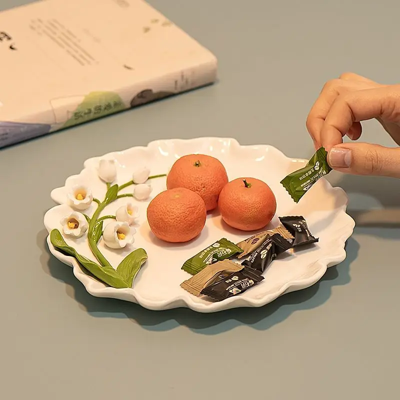 3D Lily of the Valley Ceramic Dining Plate Handmade Flower Cake Dessert Plate High-End Home Kitchen Decoration Tableware