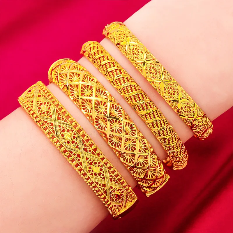 Open Hollow Vintage Carved Bracelet Women's 24K Gold AU999 - Adjustable open design bracelet, easy to resize flexibly