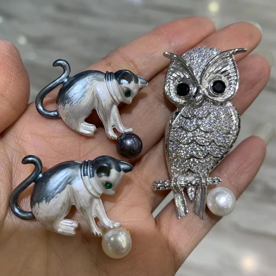 

animal brooch cat and owl brooch natural fresh water pearl copper with cubic zircon 3pcses/lot fashion women jewelry