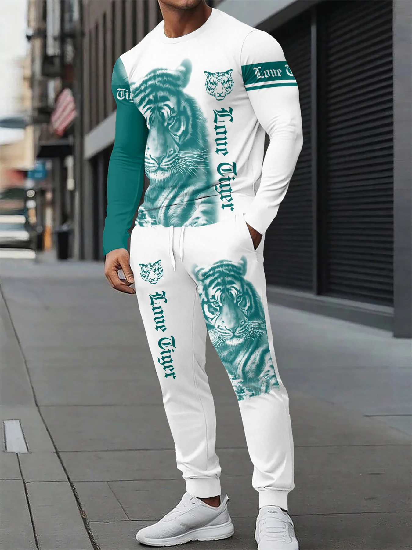 

Tiger Print Pants Set Men's Long Sve irt And Long Pants Autumn Casual Sportswear Polyester Blend