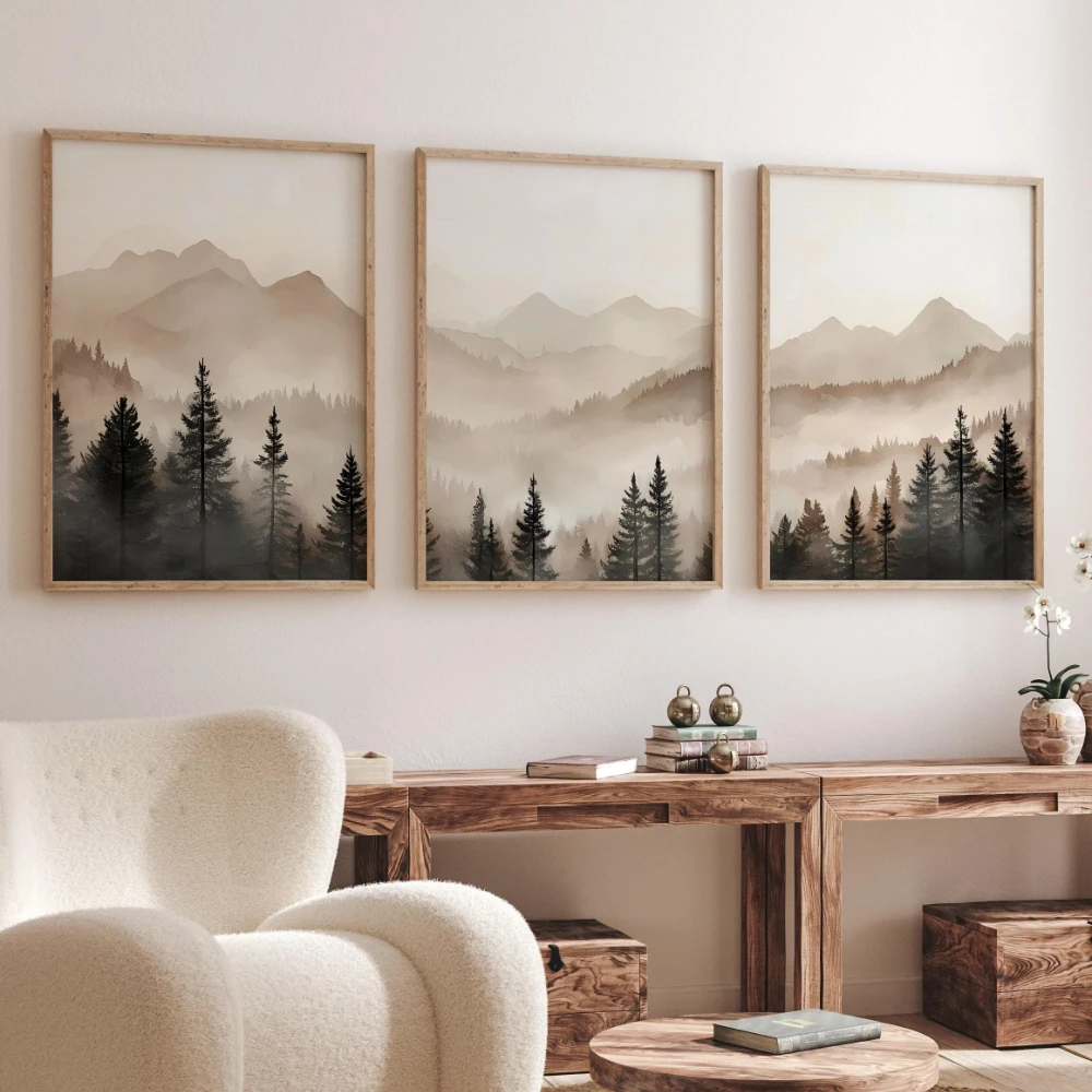 Abstract Canvas Set - Abstracte Bosbergen Triptiek Kunst Minimalistisch Modern