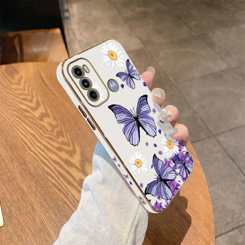 Purple Butterflies Luxury Plating Phone Case For Motorola Moto G60 G53 G52 G50 G42 G30 G20 G22 G52 E7Plus G9 Play G8 Power Cover