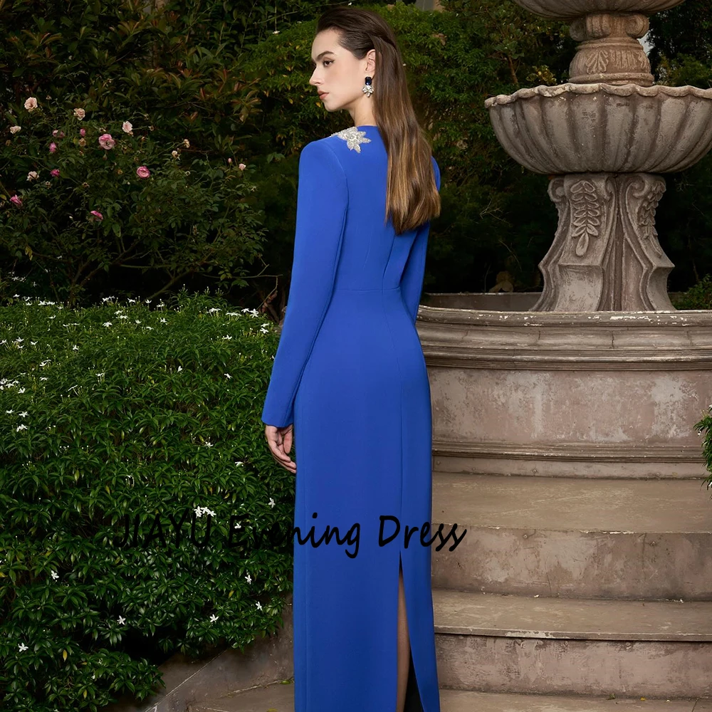 تخصيص الخامس الرقبة الدانتيل يزين جيرسي مساء اللباس كامل الأكمام مستقيم حزب اللباس الطابق طول مع ثوب الحفلة سبليت الظهر #2