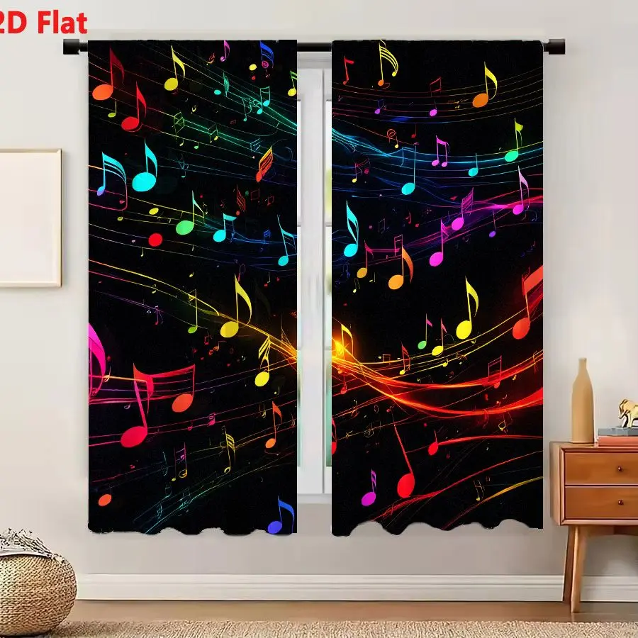 2Pcs Curtains Add 2D Flat Vibrant Abstract Neon Musical Notes Swirling Flowing Lines Golden Burst On Black Background Window Dra