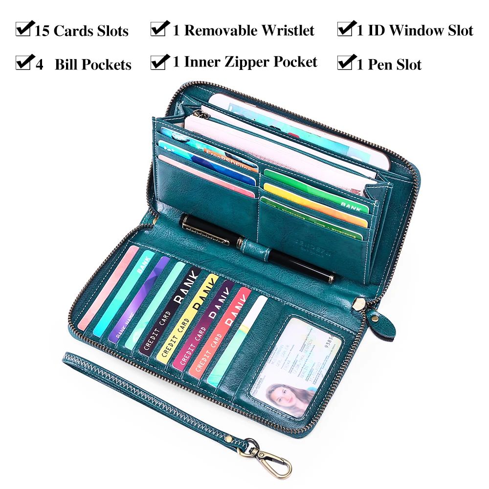 Portefeuille long grande capacité pour femme, porte-monnaie avec fermeture éclair, poche pour téléphone, porte-cartes RFID, sac à main pour femme, mode