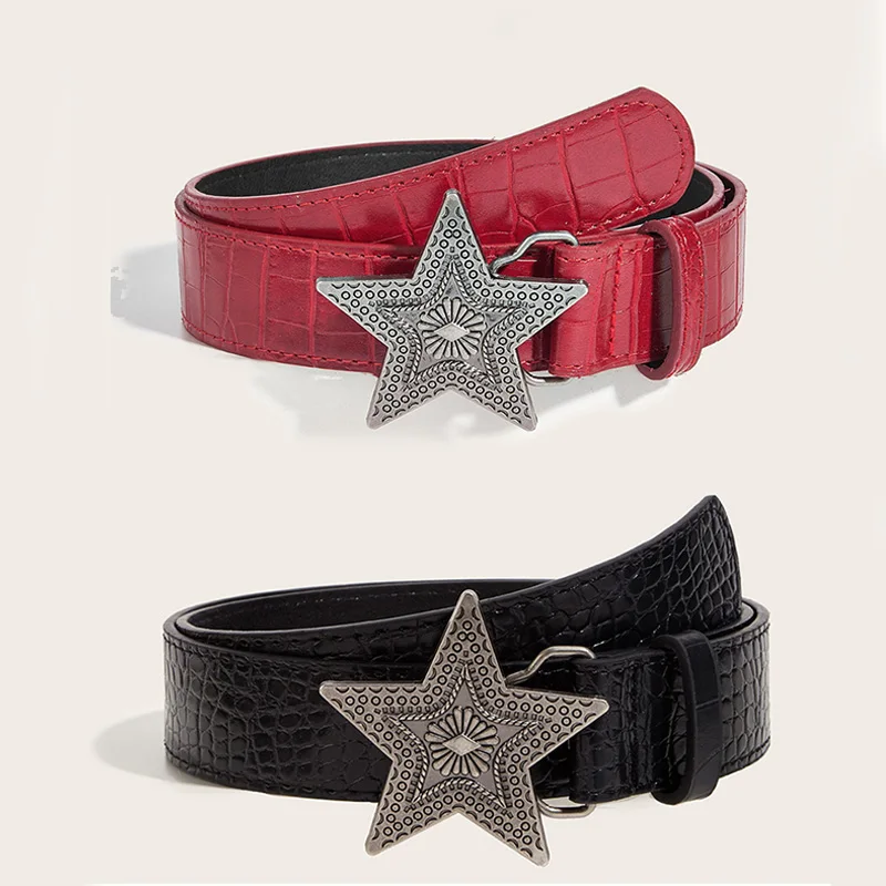 Breite 3,3 cm Hip-Hop Retro Damengürtel Gothic Punk Fünfzackiger Stern Schnalle Pu-Ledergürtel Rock Y2k Beliebter roter Bund