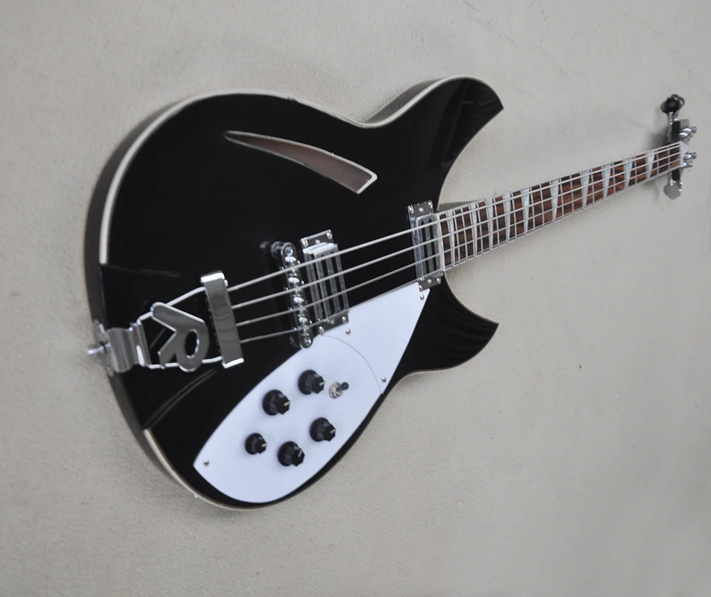 4 Strings Black Semi-hollow Electric Bass with Rosewood Fretboard,White Pickguard,Can be Customized