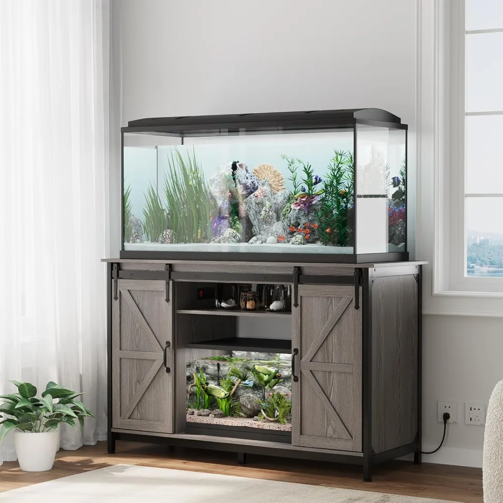 

Farmhouse Fish Tank Stand with Power Outlet, Aquarium Stand with Storage Cabinet and Sliding Barn Door,