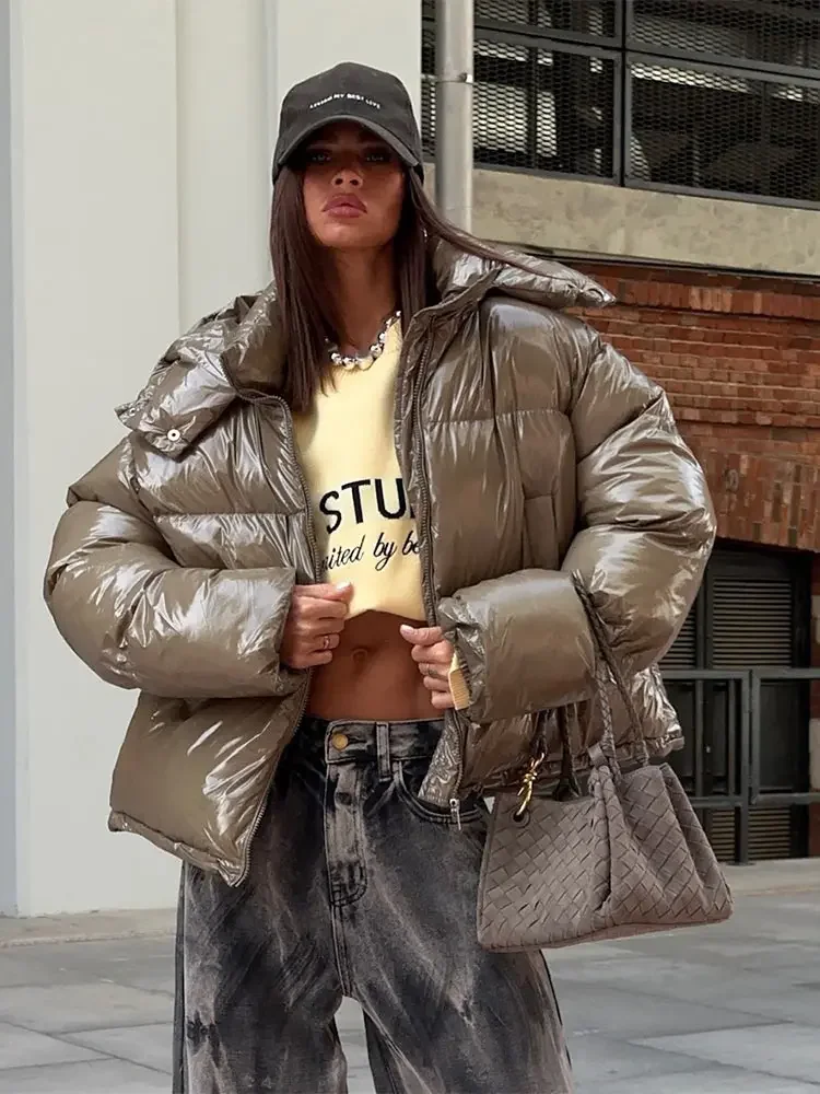 

Women 2025 Winter Versatile Vintage Hooded Padded Coat Casual Loose Puffy Zipper Cotton Coats Female Chic Street Outwear