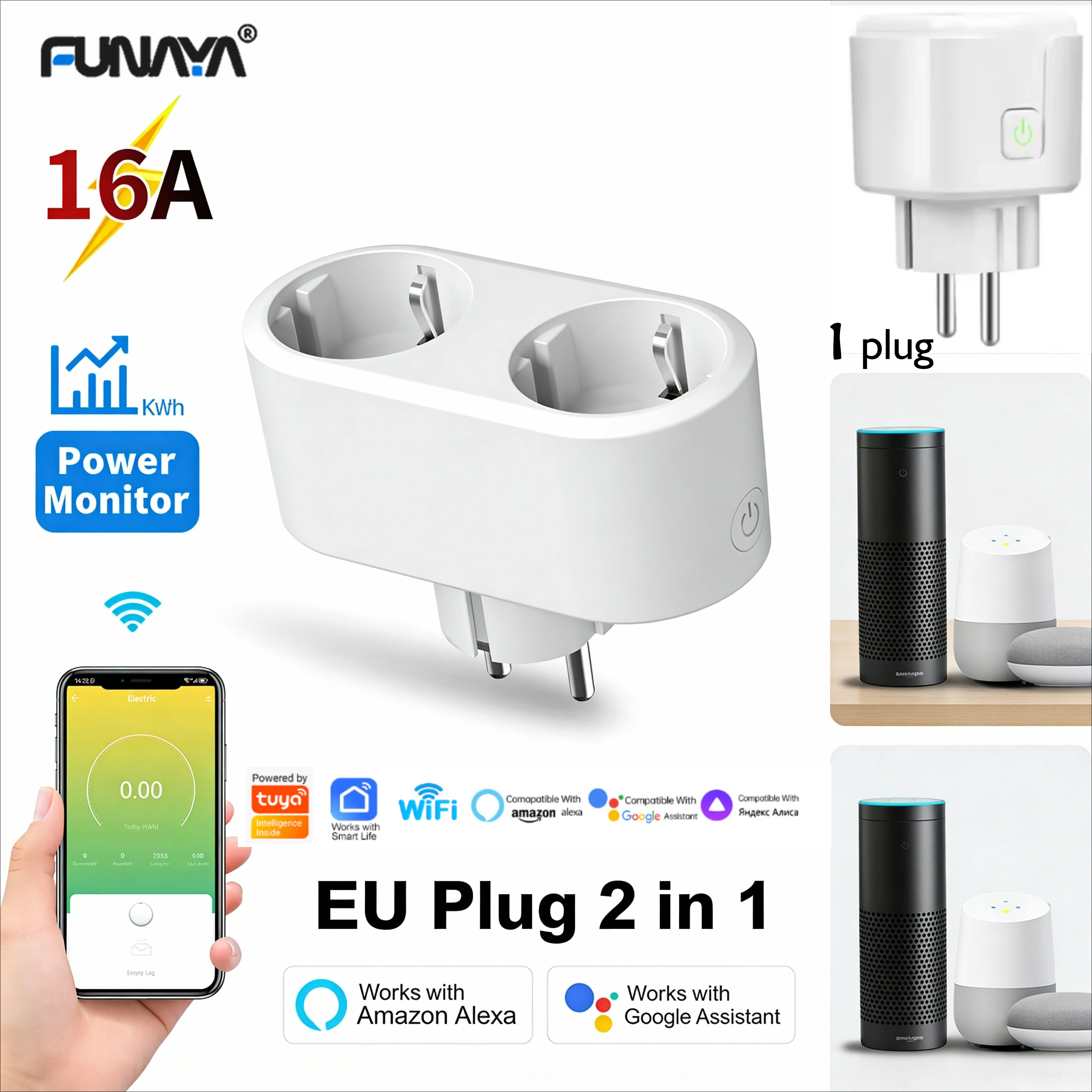 FUNAYA EU KR 16A Smart Wifi Power Plug with Power Monitor Smart Home Wireless Socket Outlet Work with Alexa Google Home Tuya App