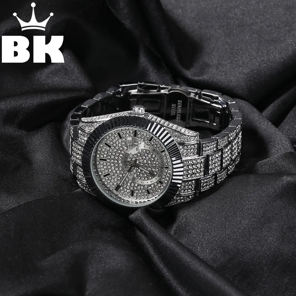 

THE BLING KING Men's Watch Full Iced Out Rhinestones Metal Band Round Dial Big Shiny Quartz Watches Baguette Cut Male Jewelry