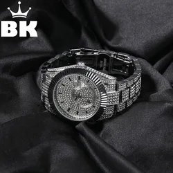 THE BLING KING Men's Watch Full Iced Out Rhinestones Metal Band Round Dial Big Shiny Quartz Watches Baguette Cut Male Jewelry
