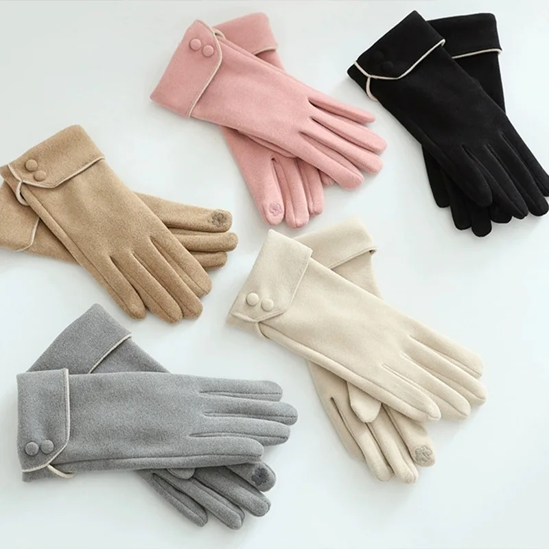 1 Pair New Women Winter Warm Gloves Wind Button Touch Screen Gloves Outdoor Cold Resistant Thick Velvet Five Finger Gloves