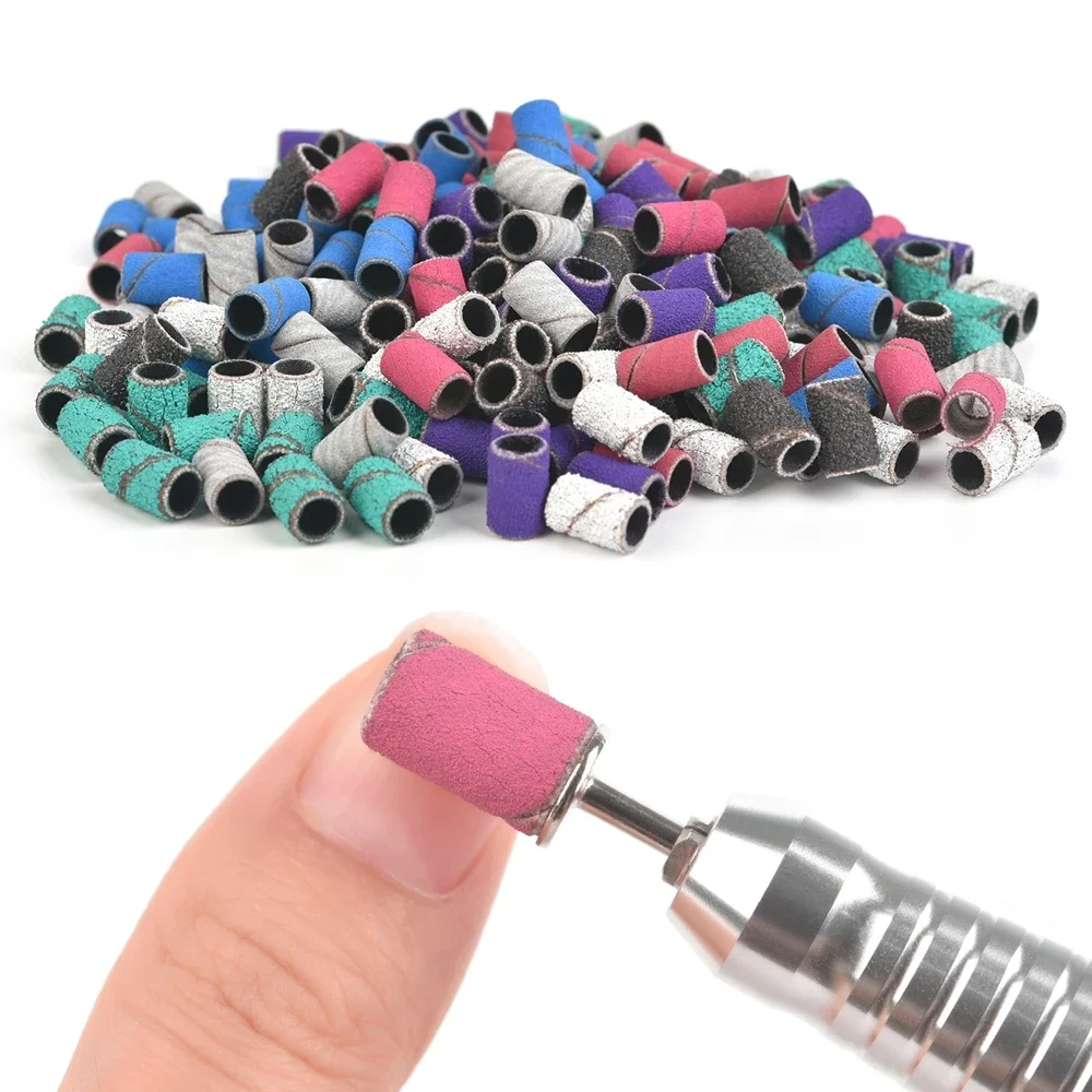 

100Pcs/Set Nail Sanding Bands with Metal Shaft Nail Drill File Bit 60/80/100/120/150/180/240/320 Grit Manicure Gel Remover