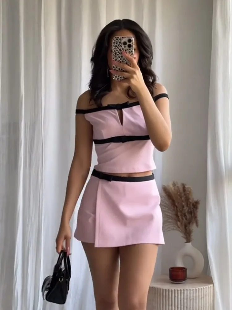 

TRAFZA Women Summer Elegant Side Zipper Sleeveless Split Design Top+A-Line Skirt High Waist Pink Culottes Set Bow Decorate