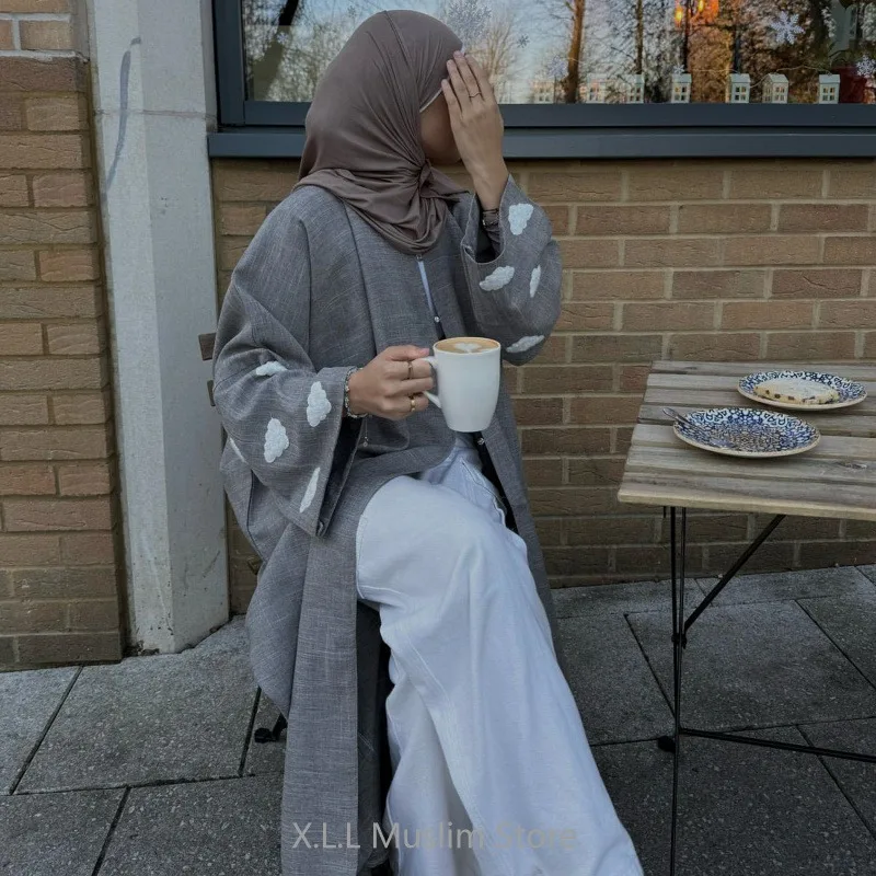 Abayas Kimono abierto de nubes para mujer, ropa elegante de algodón y lino con bordado musulmán Eid Ramadán, caftán de manga larga