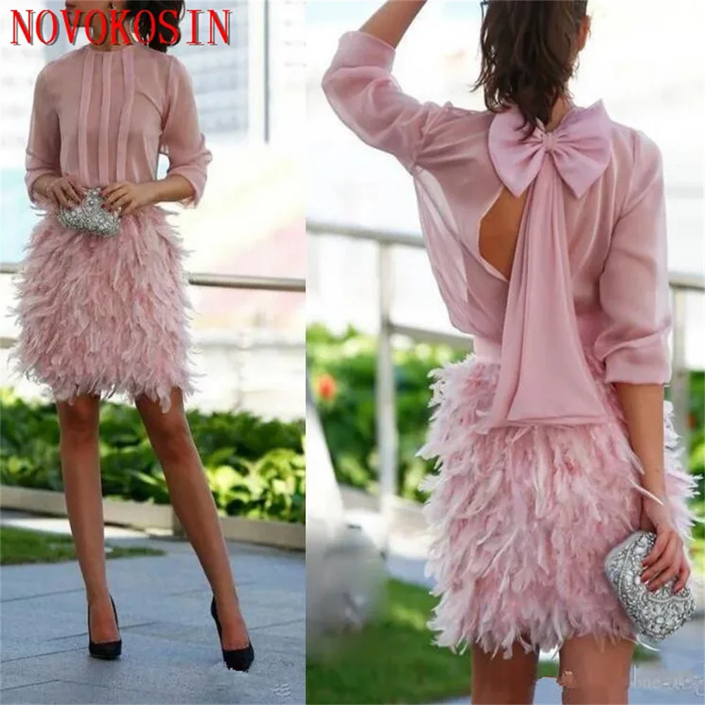 High Feather Sexy Skirt Chiffon Cocktail Dresses Long Sleeves Open Back With Bow Short Party Dresses Nice Cool Soft Prom Gown