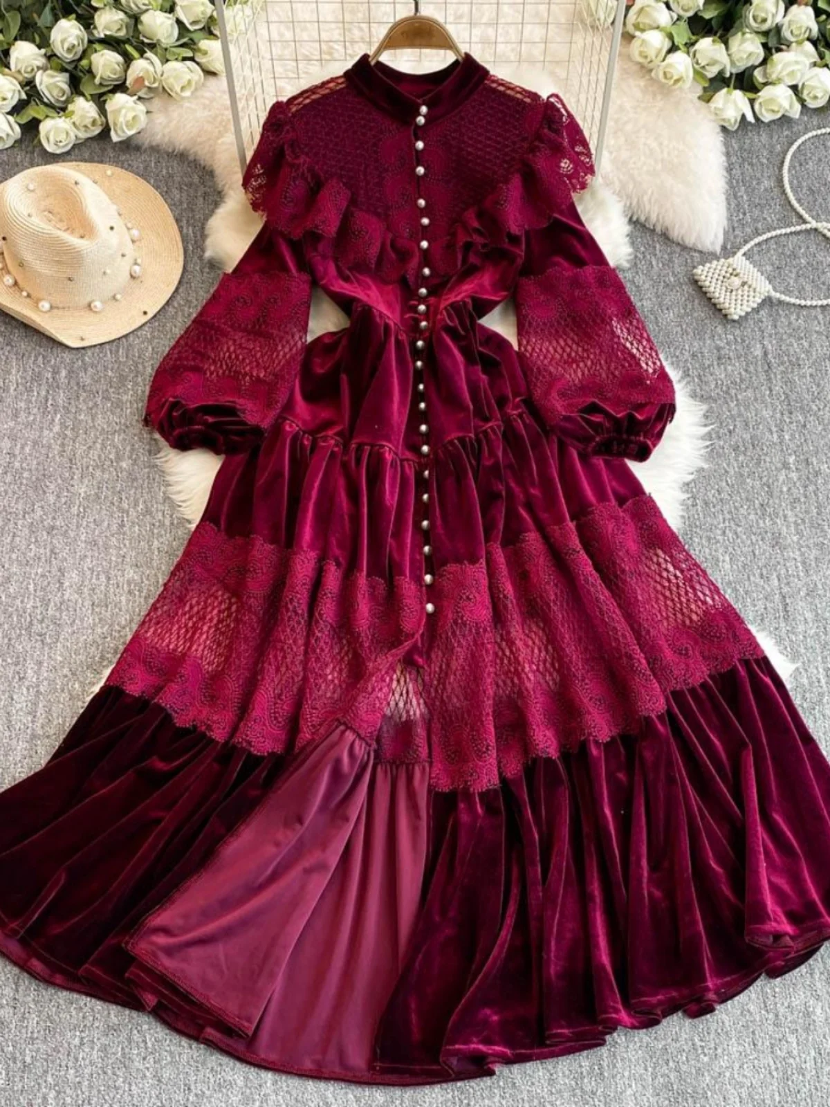 Retro Faion Velvet Long Skirt with Pearl Single Button Lace Splicing High Collar A-Line Dr Korean Sle Commute Dr