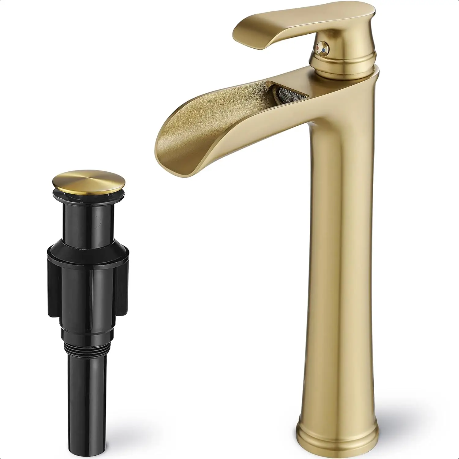 

Tall Brass Waterfall Bathroom Faucet, Gold Vessel Sink Faucet with Pop-Up Drain & Supply Hoses