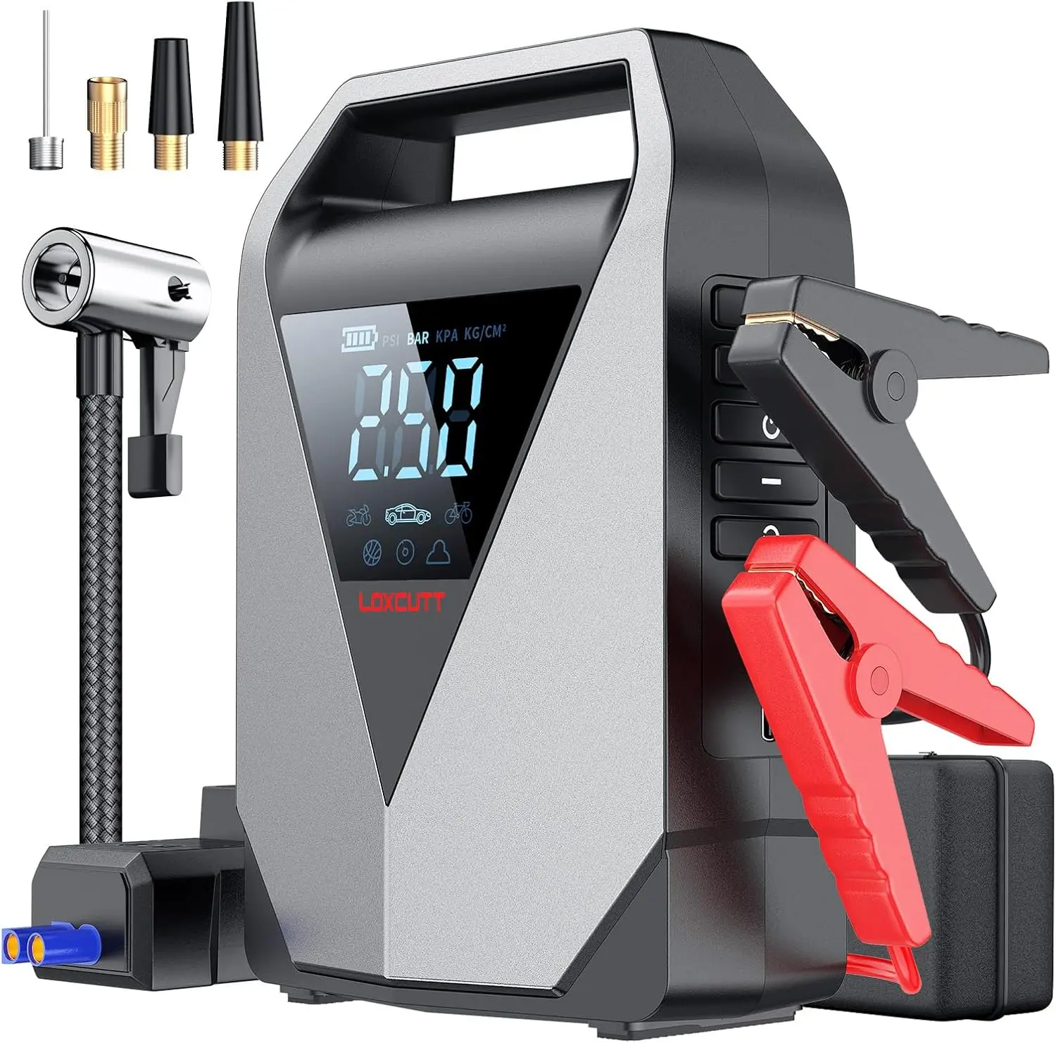 Car Jump Starter 1800A, 12000mAh with Air Compressor, 150PSI Auto Shut-Off, LCD Display, LED Light, QC3.0